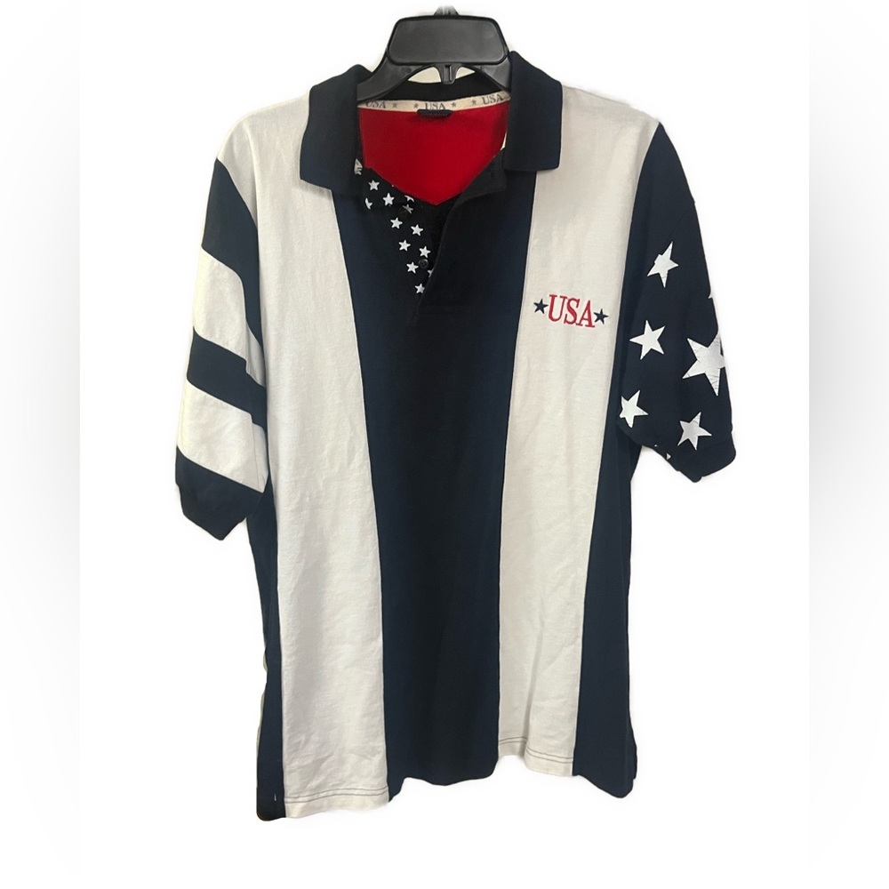 Vintage Men's Patriotic USA Stars and Stripes Knit Polo Shirt- Size Large